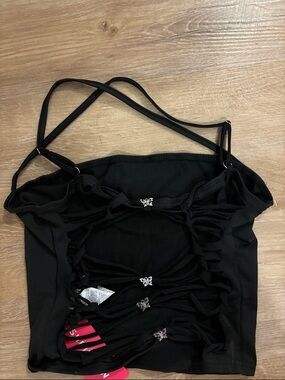 Black Strappy Butterfly-Embellished Crop Top